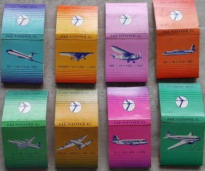 Zapałki LOT - 8 sztuk - Ił-62, Tu-134, An-24, Ił-18, Ił-14, PWS-24, Li-2, Fokker F VII, Lockheed - Elektra 10