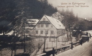Pocztówka Gasthaus "goldenes Sieb" Neubielau - Winter im Eulengebirge - Bielawa - Gospoda Pod Złotym Sitem ul. Nowobielawska
