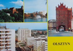 Pocztówka Olsztyn - Widok na zamek i katedrę. Park przy alei Wojska Polskiego. Wysoka brama z XIV w. - obecnie schronisko PTTK. Osiedle mieszkaniowe "Pojezierze" - fot. P. Krassowski, J. Makarewicz, L. Surowiec