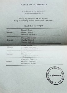 Karta do głosowania z PRL-u - 1988 - Warszawa okręg wyborczy nr. 19
