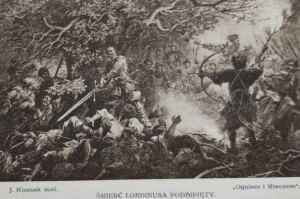 Pocztówka J. Kossak - Ogniem i mieczem - Śmierć Longinusa Podbipięty