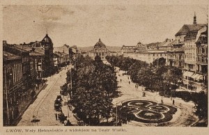 Pocztówka Lwów - Wały Hetmańskie z widokiem na Teatr Wielki
