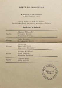 Karta do głosowania z PRL-u - 1988 - Warszawa Żoliborz okręg wyborczy nr. 9