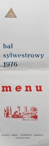 Hotel Orbis Kasprowy Zakopane - menu bal sylwestrowy 1976