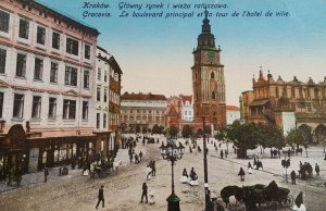 Pocztówka Kraków - Główny rynek i wieża ratuszowa
